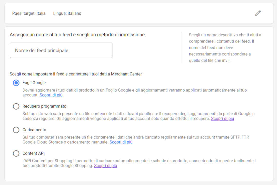 Feed dati e caricamento prodotti - Google Merchant Center