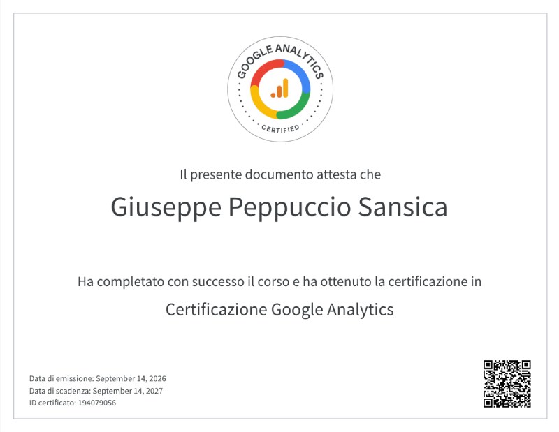 Certificazione Google Analytics Giuseppe Sansica