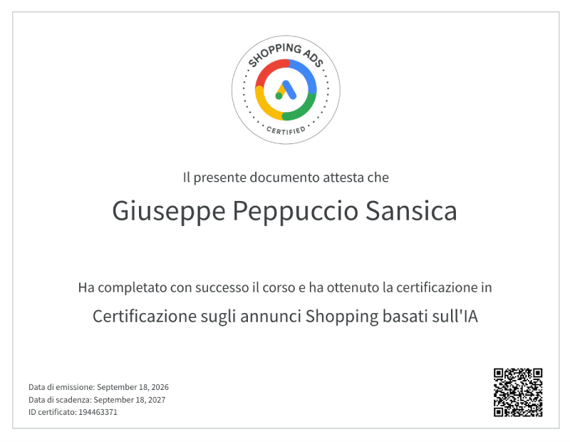 Certificazione sugli annunci Shopping basati sull'IA - Giuseppe Sansica